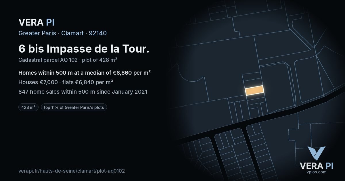 6 bis Impasse de la Tour, Clamart at night – the plot lit, the parcels around coloured by the prices near them