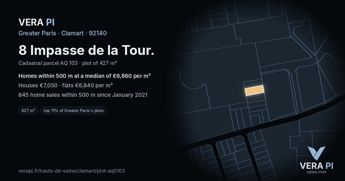 8 Impasse de la Tour, Clamart at night – the plot lit, the parcels around coloured by the prices near them