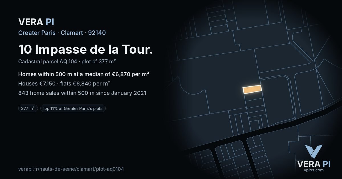 10 Impasse de la Tour, Clamart at night – the plot lit, the parcels around coloured by the prices near them