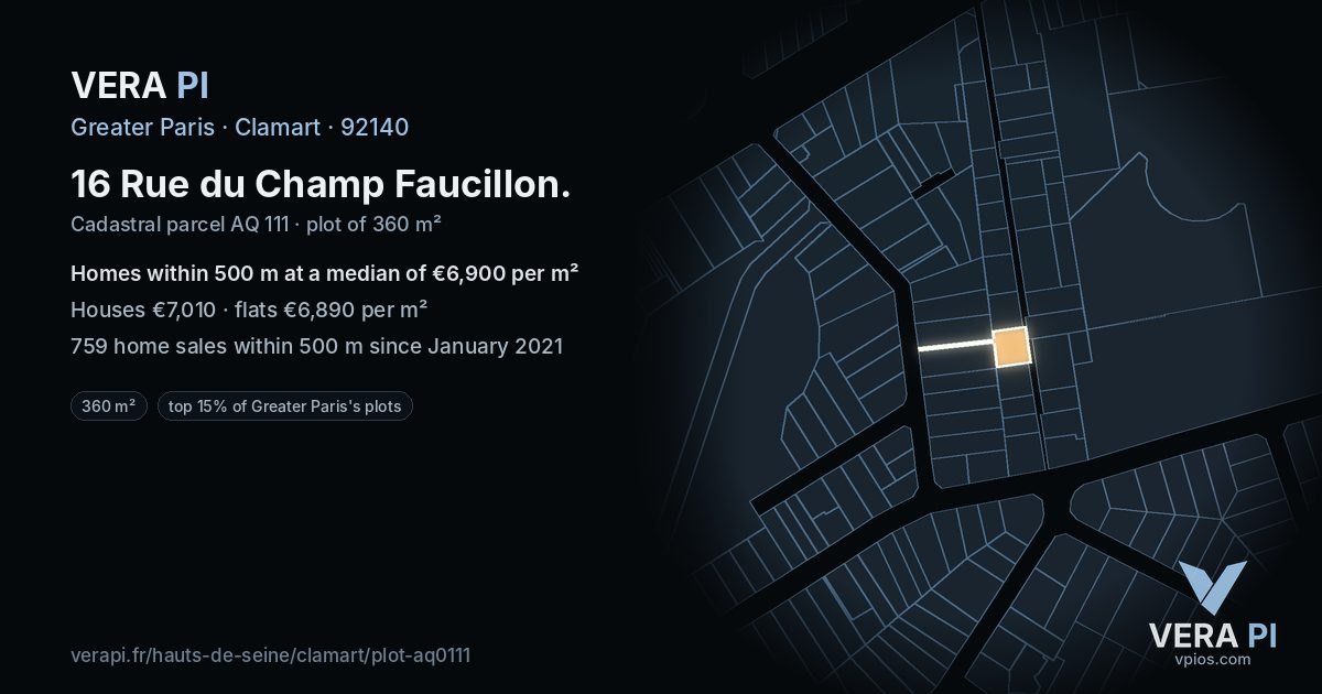16 Rue du Champ Faucillon, Clamart at night – the plot lit, the parcels around coloured by the prices near them