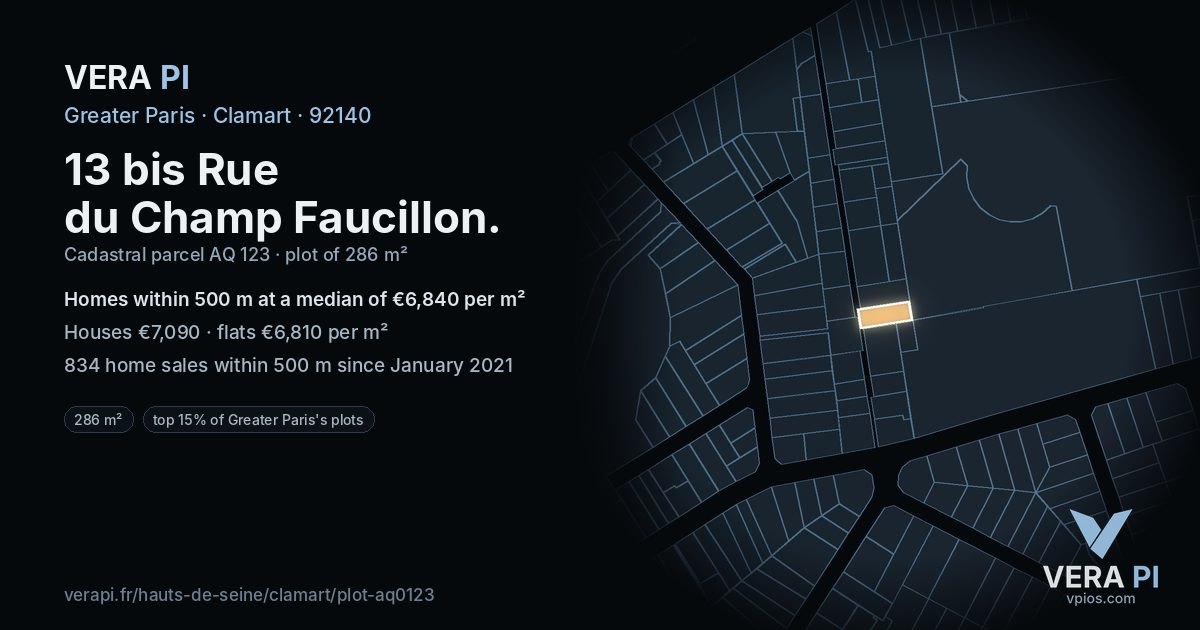 13 bis Rue du Champ Faucillon, Clamart at night – the plot lit, the parcels around coloured by the prices near them