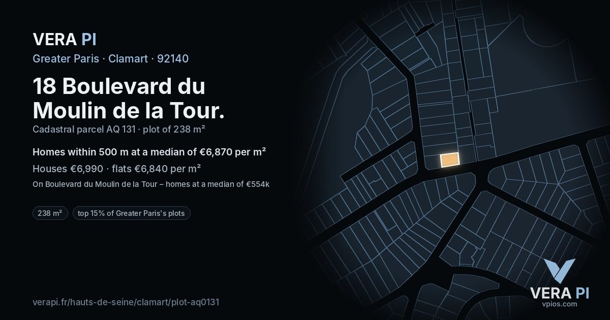 18 Boulevard du Moulin de la Tour, Clamart at night – the plot lit, the parcels around coloured by the prices near them