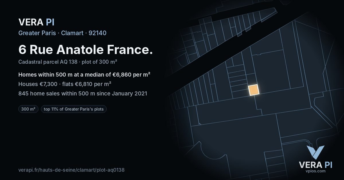 6 Rue Anatole France, Clamart at night – the plot lit, the parcels around coloured by the prices near them