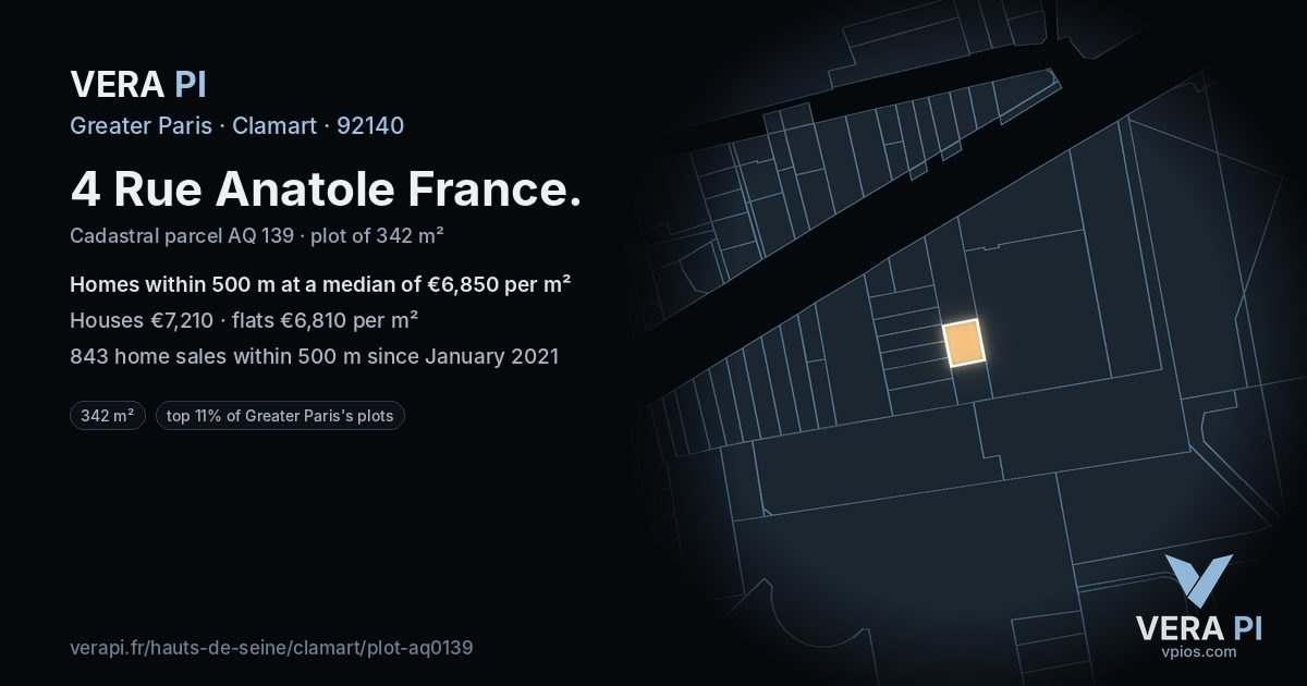 4 Rue Anatole France, Clamart at night – the plot lit, the parcels around coloured by the prices near them