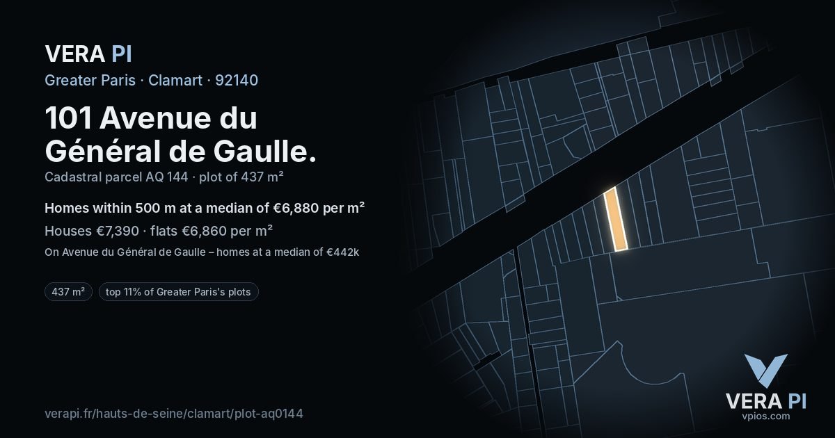 101 Avenue du Général de Gaulle, Clamart at night – the plot lit, the parcels around coloured by the prices near them