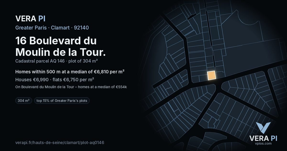 16 Boulevard du Moulin de la Tour, Clamart at night – the plot lit, the parcels around coloured by the prices near them