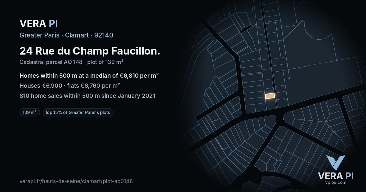 24 Rue du Champ Faucillon, Clamart at night – the plot lit, the parcels around coloured by the prices near them