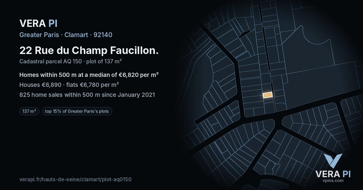 22 Rue du Champ Faucillon, Clamart at night – the plot lit, the parcels around coloured by the prices near them