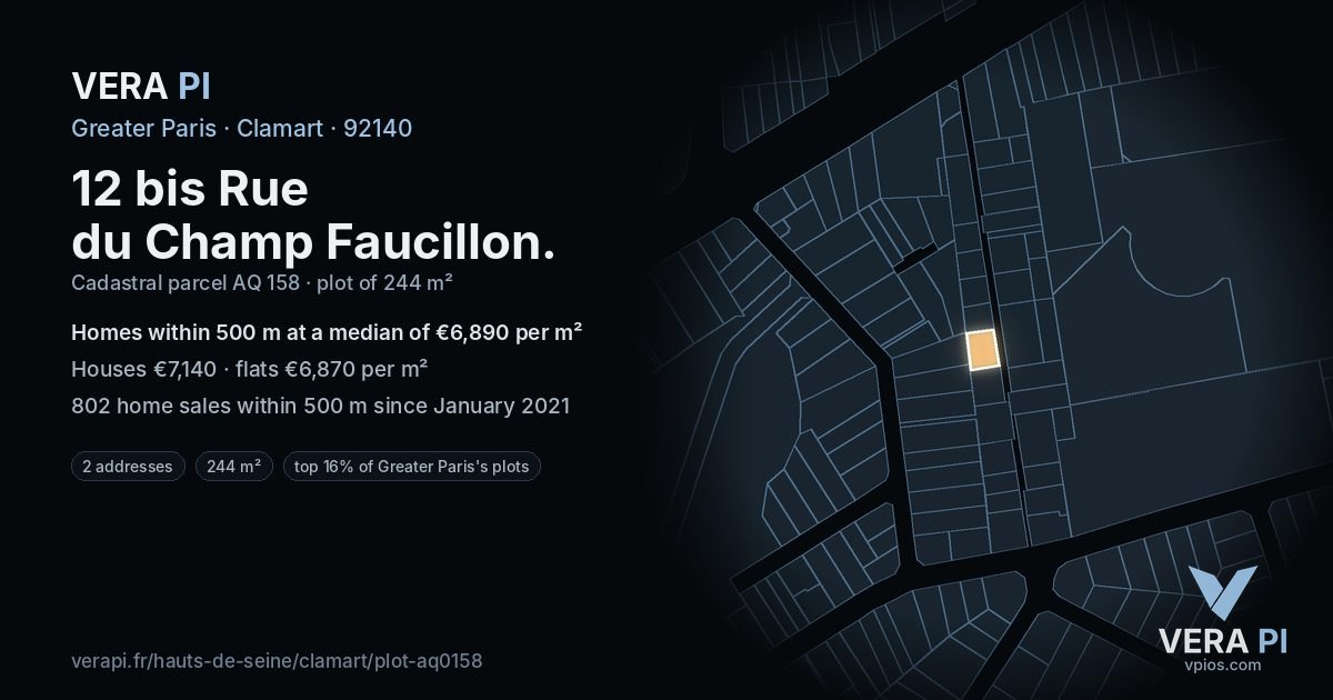 12 bis Rue du Champ Faucillon, Clamart at night – the plot lit, the parcels around coloured by the prices near them