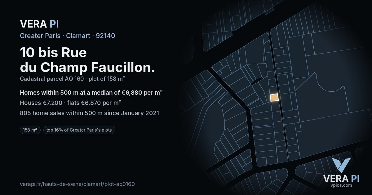 10 bis Rue du Champ Faucillon, Clamart at night – the plot lit, the parcels around coloured by the prices near them