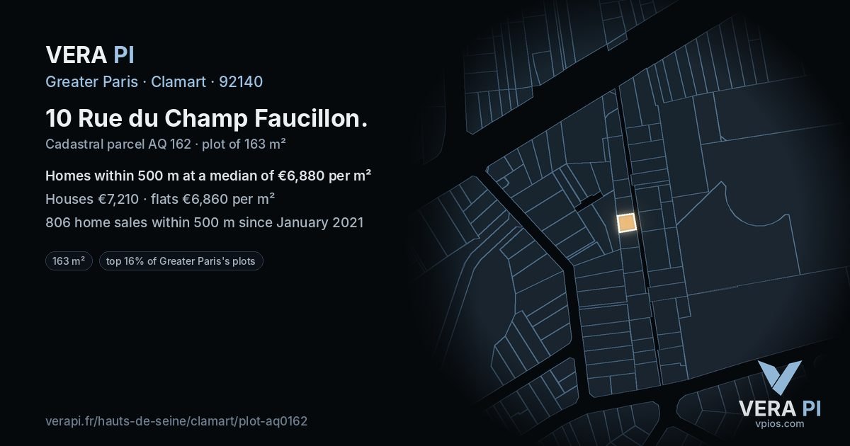 10 Rue du Champ Faucillon, Clamart at night – the plot lit, the parcels around coloured by the prices near them