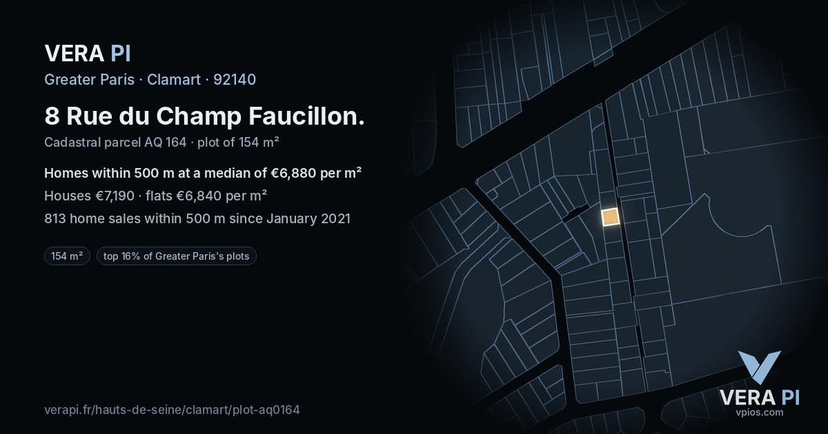 8 Rue du Champ Faucillon, Clamart at night – the plot lit, the parcels around coloured by the prices near them