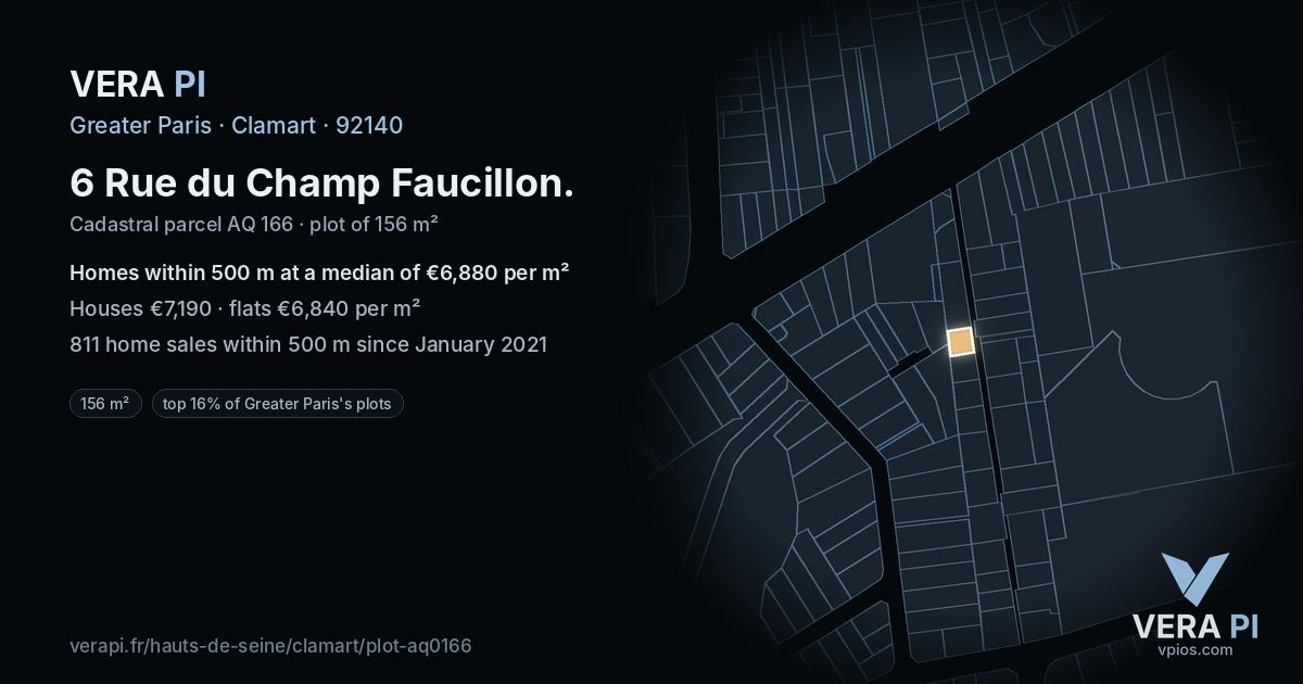 6 Rue du Champ Faucillon, Clamart at night – the plot lit, the parcels around coloured by the prices near them