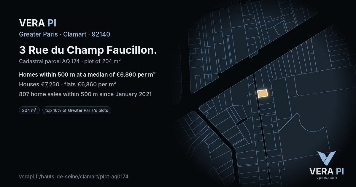 3 Rue du Champ Faucillon, Clamart at night – the plot lit, the parcels around coloured by the prices near them