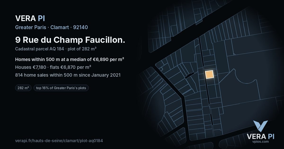 9 Rue du Champ Faucillon, Clamart at night – the plot lit, the parcels around coloured by the prices near them