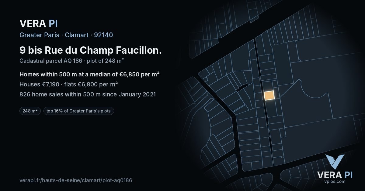 9 bis Rue du Champ Faucillon, Clamart at night – the plot lit, the parcels around coloured by the prices near them
