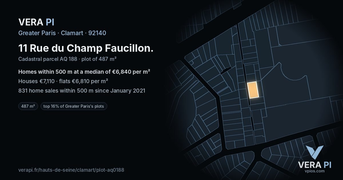 11 Rue du Champ Faucillon, Clamart at night – the plot lit, the parcels around coloured by the prices near them