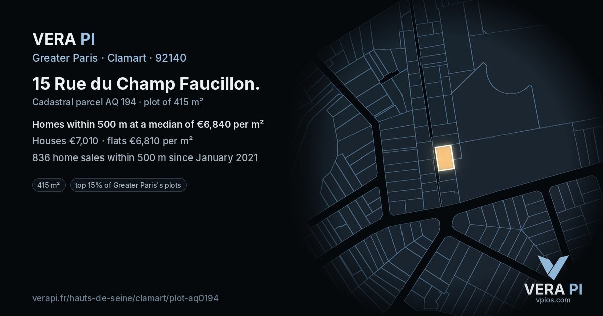 15 Rue du Champ Faucillon, Clamart at night – the plot lit, the parcels around coloured by the prices near them