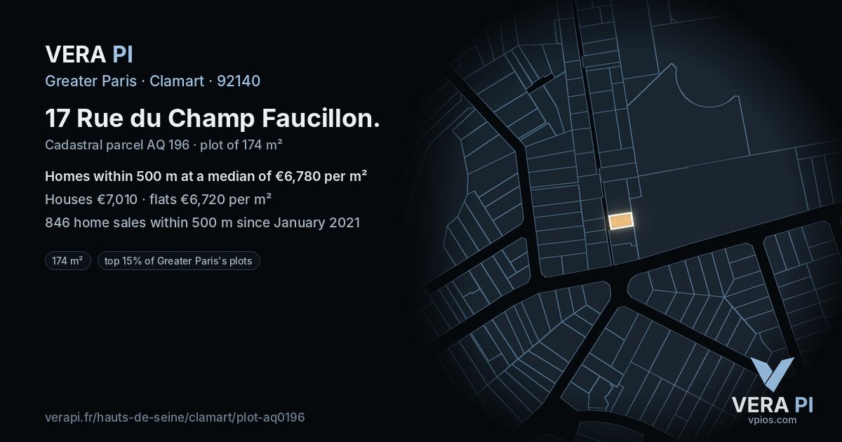 17 Rue du Champ Faucillon, Clamart at night – the plot lit, the parcels around coloured by the prices near them