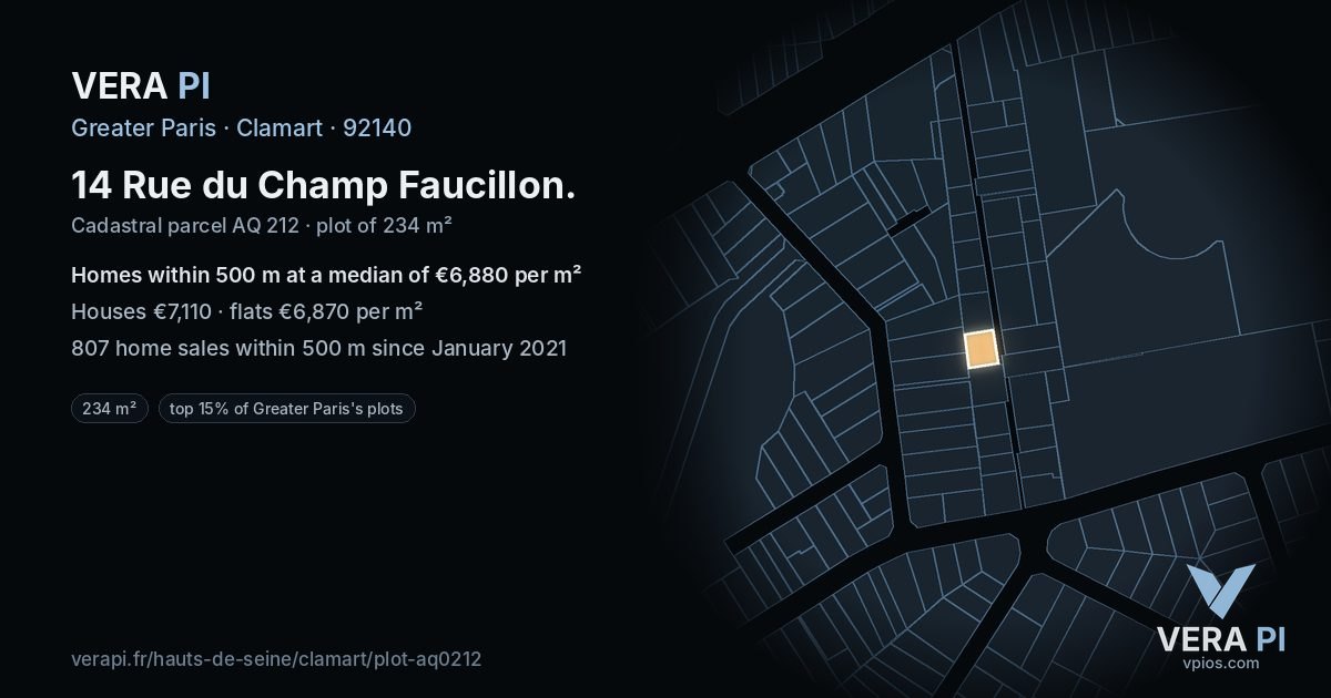 14 Rue du Champ Faucillon, Clamart at night – the plot lit, the parcels around coloured by the prices near them