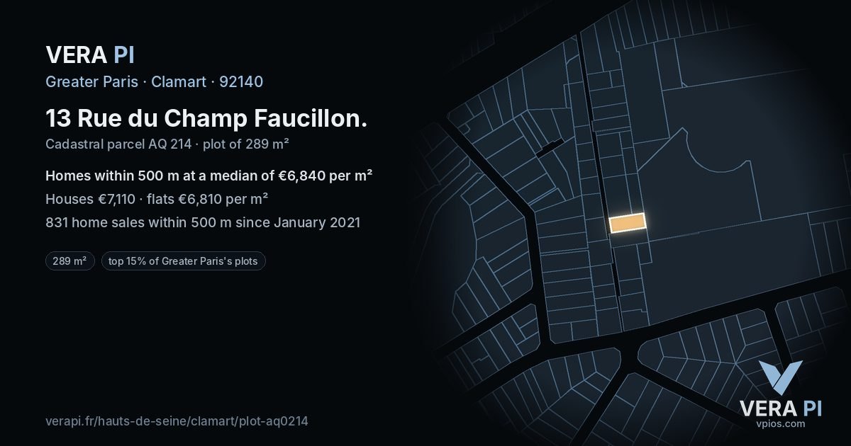 13 Rue du Champ Faucillon, Clamart at night – the plot lit, the parcels around coloured by the prices near them