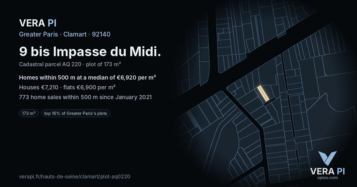 9 bis Impasse du Midi, Clamart at night – the plot lit, the parcels around coloured by the prices near them