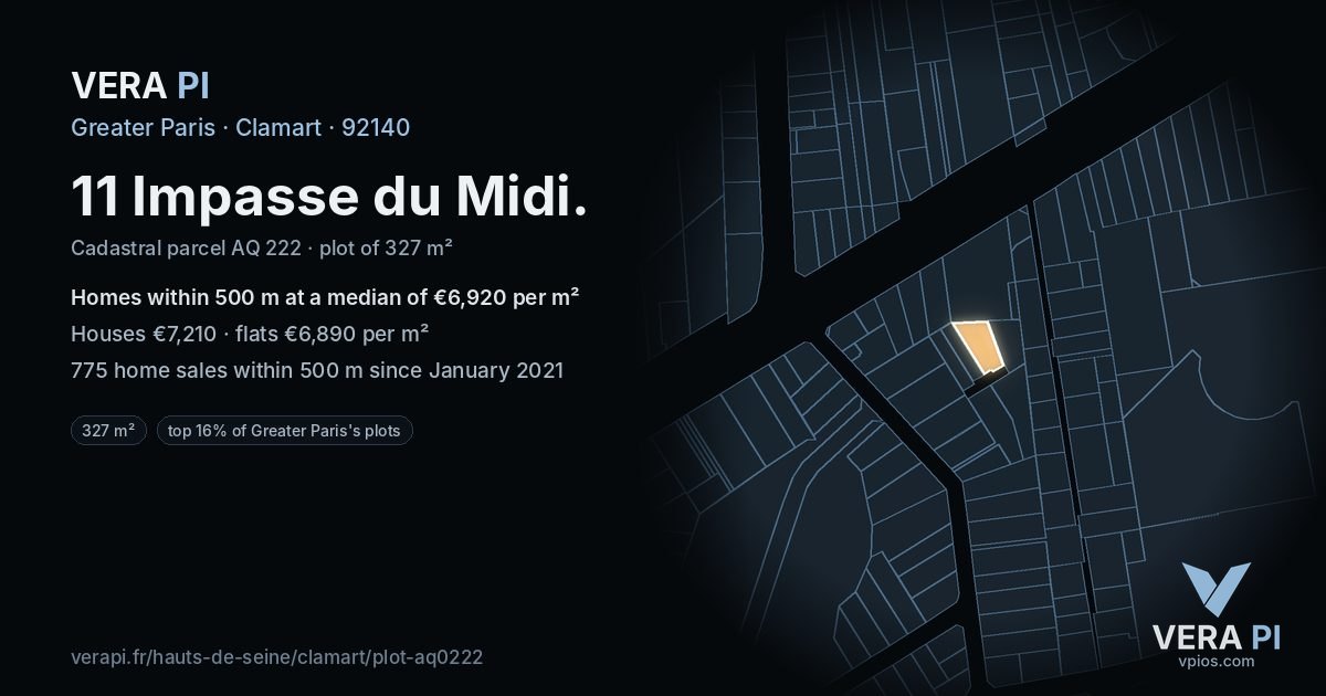 11 Impasse du Midi, Clamart at night – the plot lit, the parcels around coloured by the prices near them