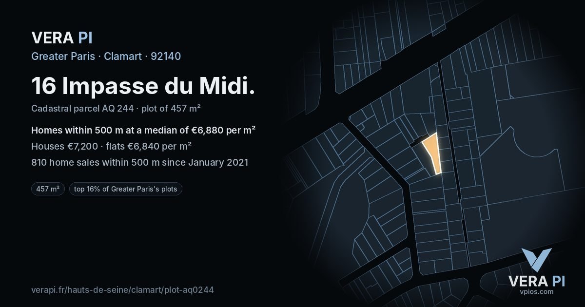 16 Impasse du Midi, Clamart at night – the plot lit, the parcels around coloured by the prices near them