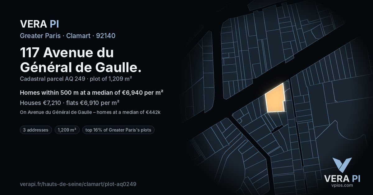 117 Avenue du Général de Gaulle, Clamart at night – the plot lit, the parcels around coloured by the prices near them