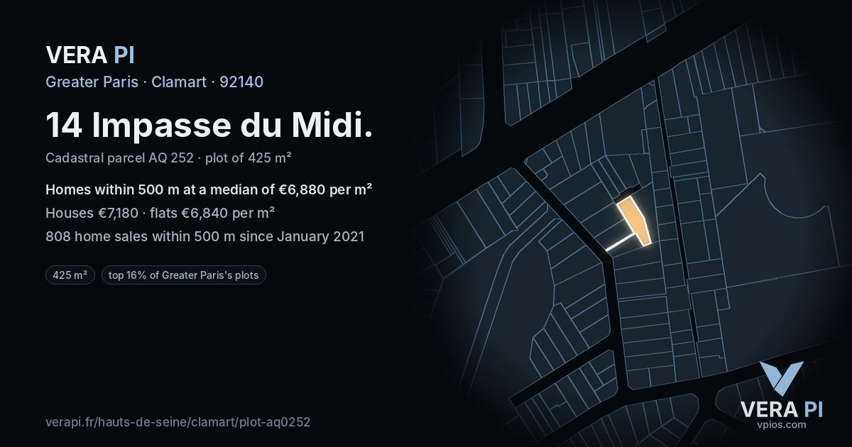 14 Impasse du Midi, Clamart at night – the plot lit, the parcels around coloured by the prices near them