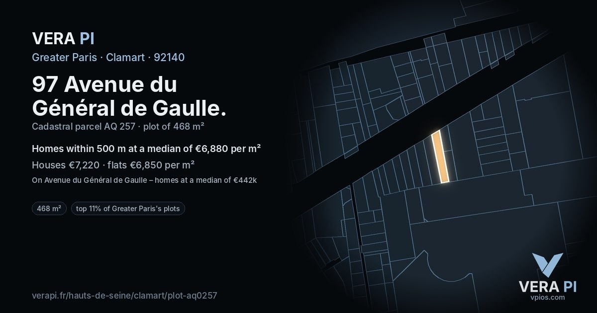 97 Avenue du Général de Gaulle, Clamart at night – the plot lit, the parcels around coloured by the prices near them