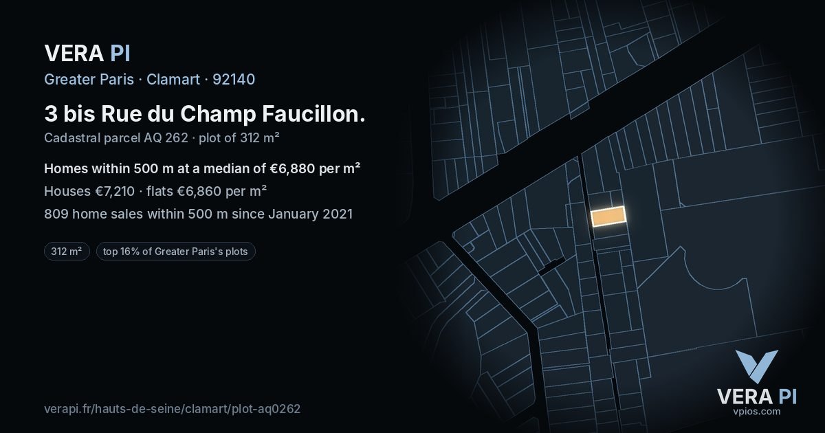 3 bis Rue du Champ Faucillon, Clamart at night – the plot lit, the parcels around coloured by the prices near them