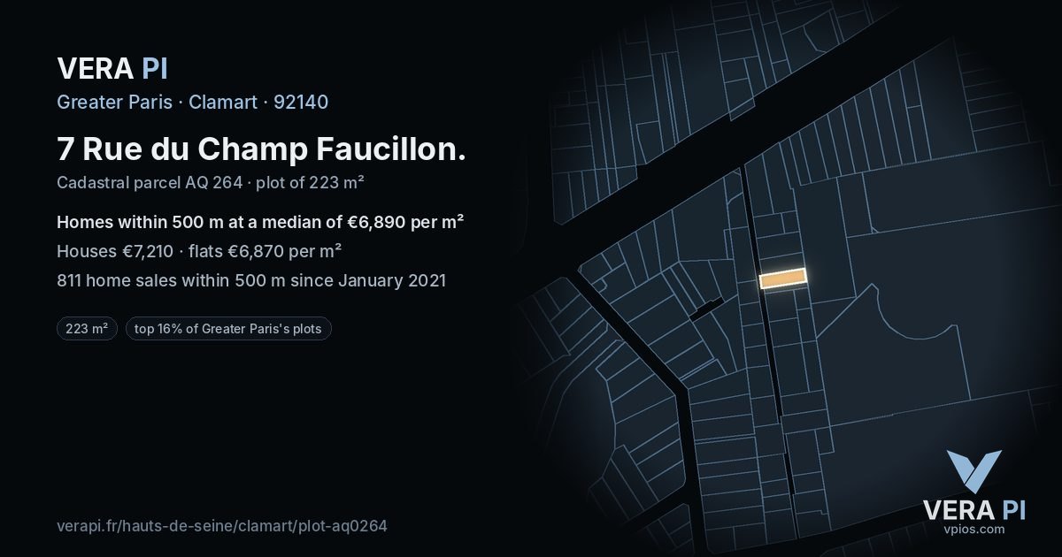 7 Rue du Champ Faucillon, Clamart at night – the plot lit, the parcels around coloured by the prices near them