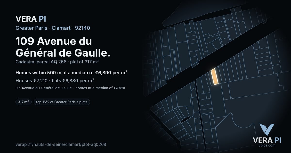 109 Avenue du Général de Gaulle, Clamart at night – the plot lit, the parcels around coloured by the prices near them