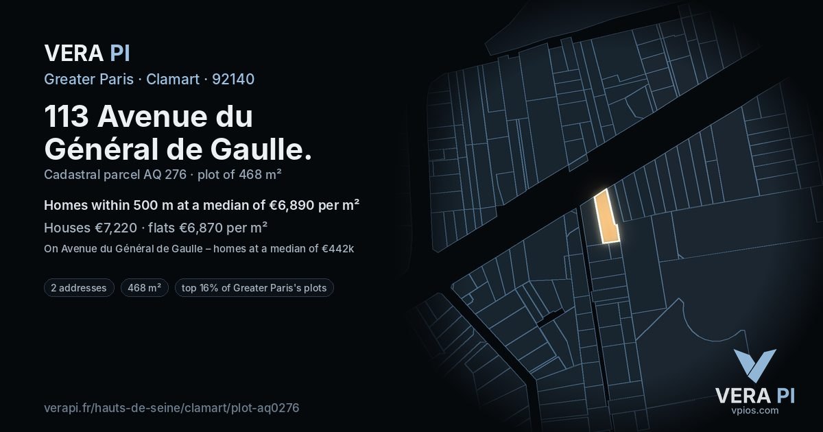 113 Avenue du Général de Gaulle, Clamart at night – the plot lit, the parcels around coloured by the prices near them