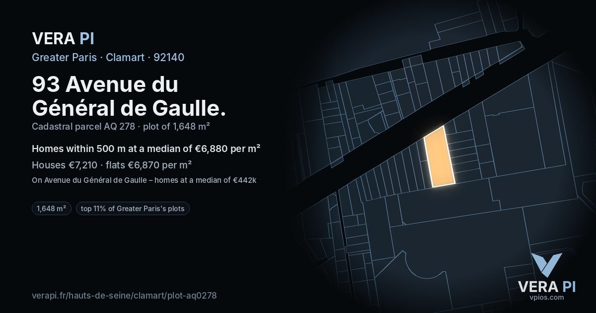 93 Avenue du Général de Gaulle, Clamart at night – the plot lit, the parcels around coloured by the prices near them
