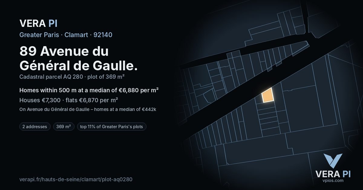 89 Avenue du Général de Gaulle, Clamart at night – the plot lit, the parcels around coloured by the prices near them