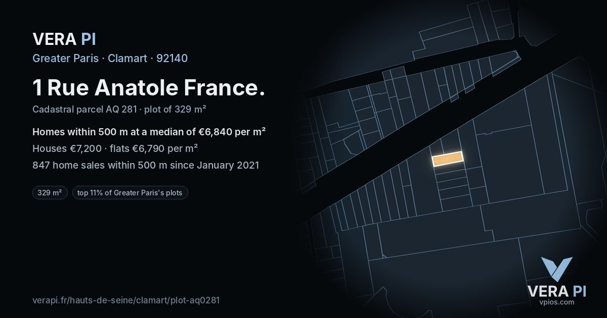 1 Rue Anatole France, Clamart at night – the plot lit, the parcels around coloured by the prices near them