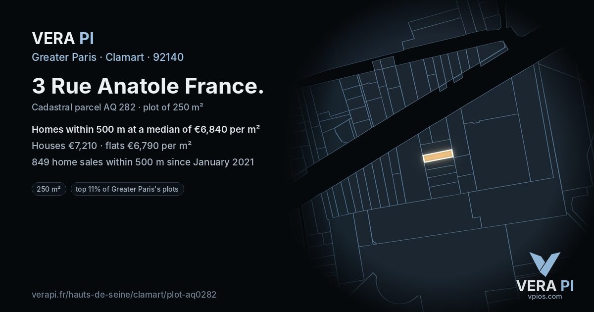 3 Rue Anatole France, Clamart at night – the plot lit, the parcels around coloured by the prices near them