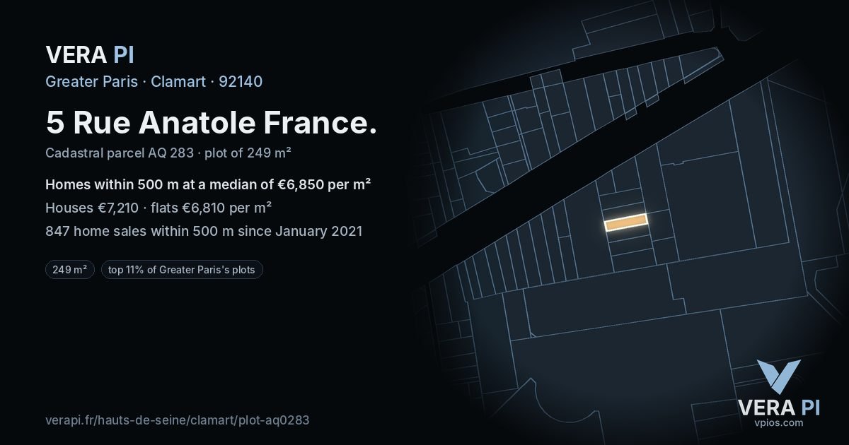 5 Rue Anatole France, Clamart at night – the plot lit, the parcels around coloured by the prices near them