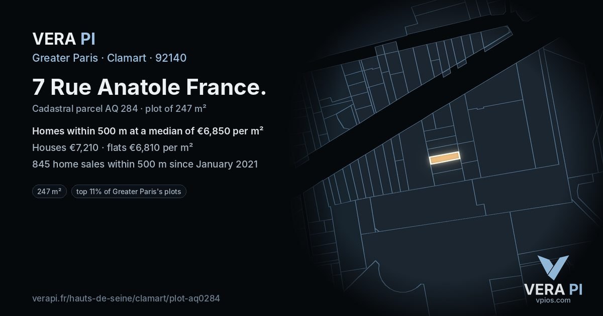 7 Rue Anatole France, Clamart at night – the plot lit, the parcels around coloured by the prices near them