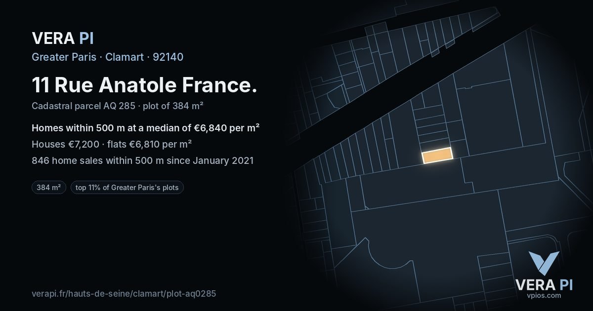 11 Rue Anatole France, Clamart at night – the plot lit, the parcels around coloured by the prices near them