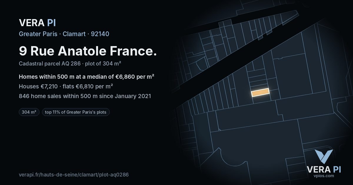 9 Rue Anatole France, Clamart at night – the plot lit, the parcels around coloured by the prices near them