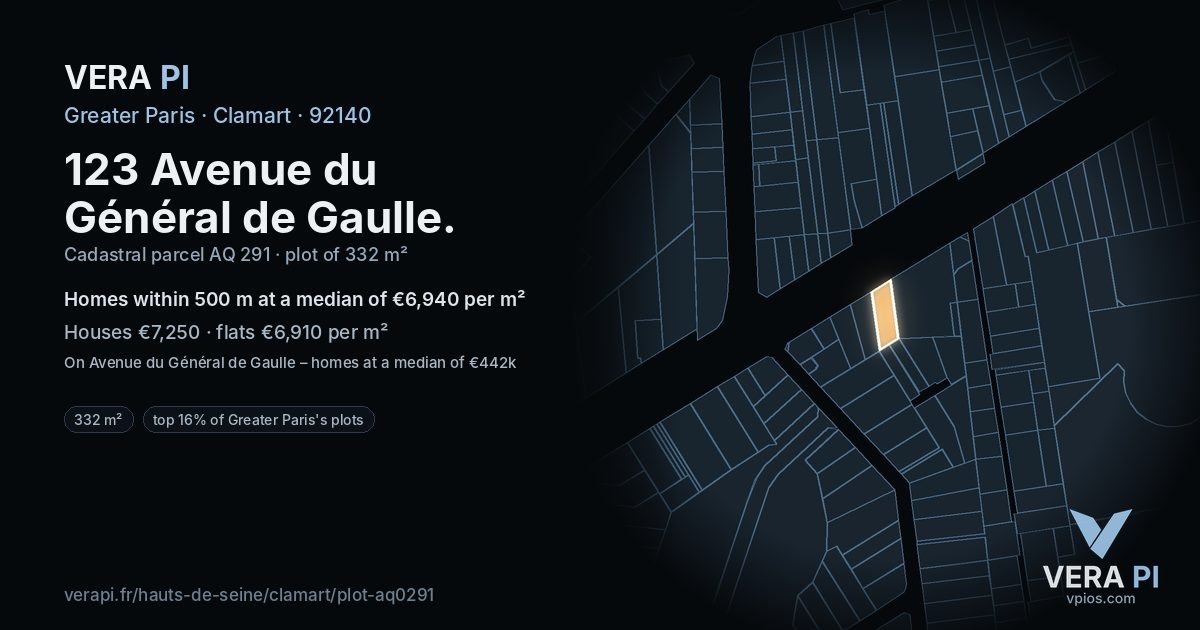 123 Avenue du Général de Gaulle, Clamart at night – the plot lit, the parcels around coloured by the prices near them