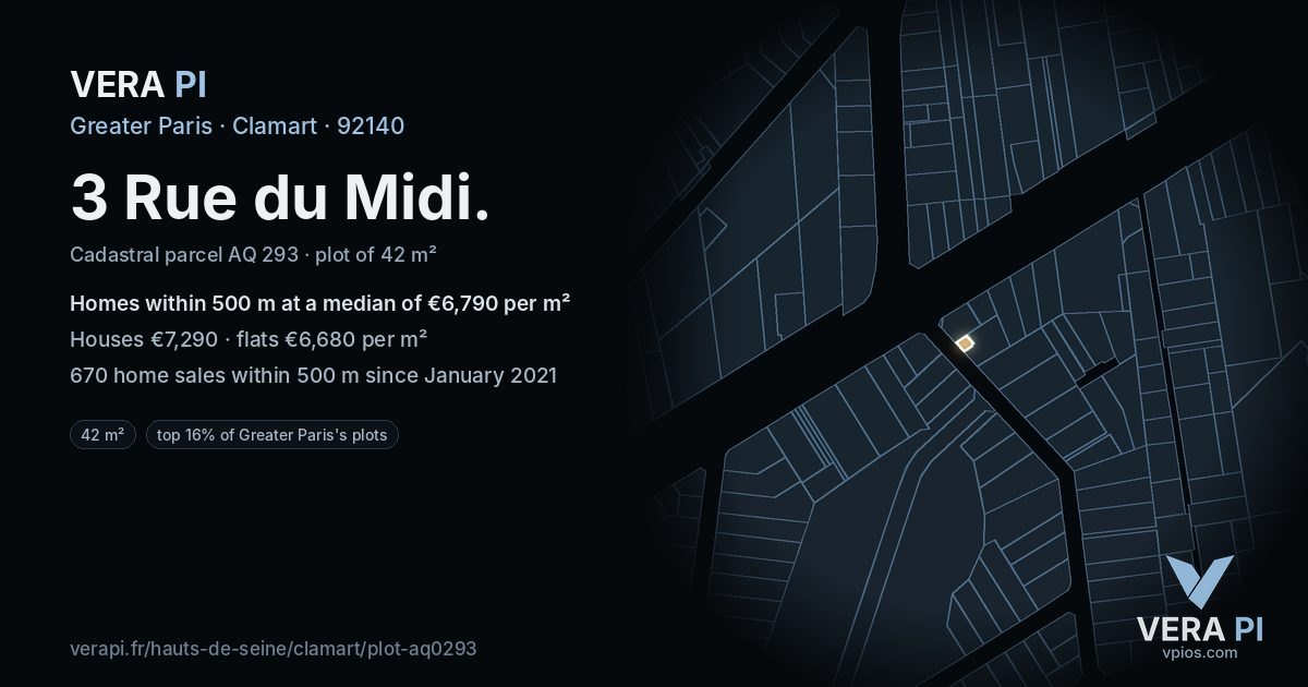 3 Rue du Midi, Clamart at night – the plot lit, the parcels around coloured by the prices near them