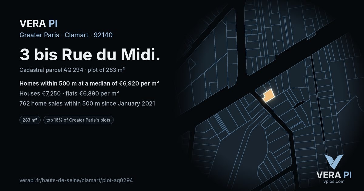 3 bis Rue du Midi, Clamart at night – the plot lit, the parcels around coloured by the prices near them