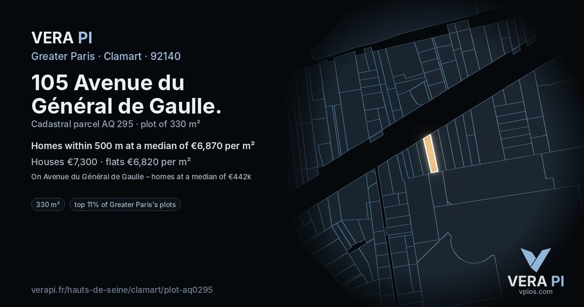 105 Avenue du Général de Gaulle, Clamart at night – the plot lit, the parcels around coloured by the prices near them