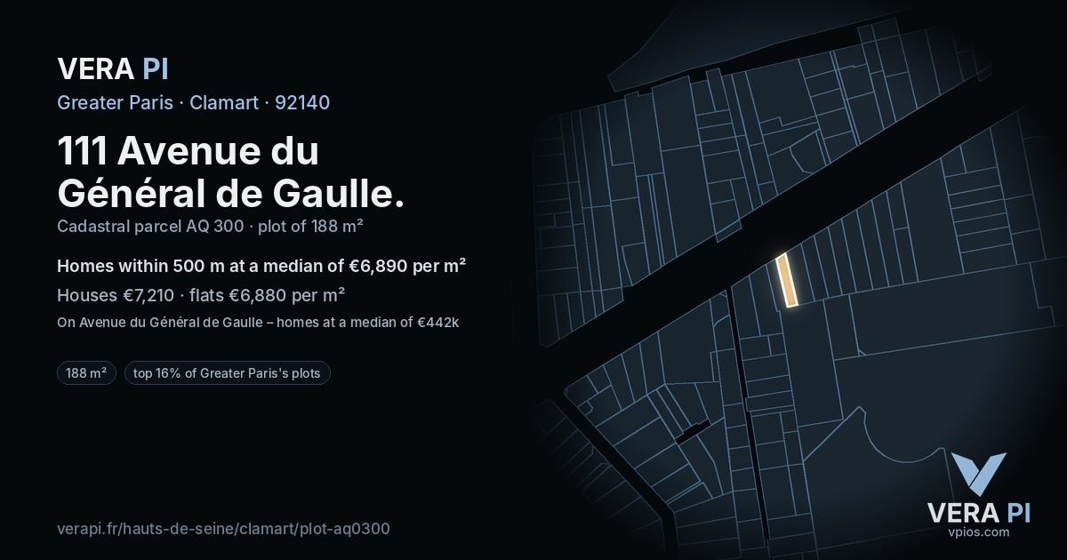 111 Avenue du Général de Gaulle, Clamart at night – the plot lit, the parcels around coloured by the prices near them