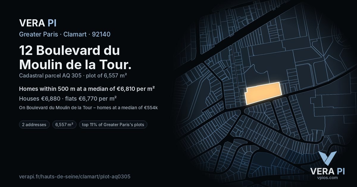 12 Boulevard du Moulin de la Tour, Clamart at night – the plot lit, the parcels around coloured by the prices near them