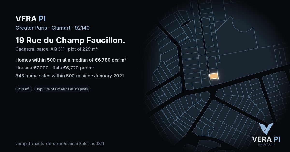 19 Rue du Champ Faucillon, Clamart at night – the plot lit, the parcels around coloured by the prices near them